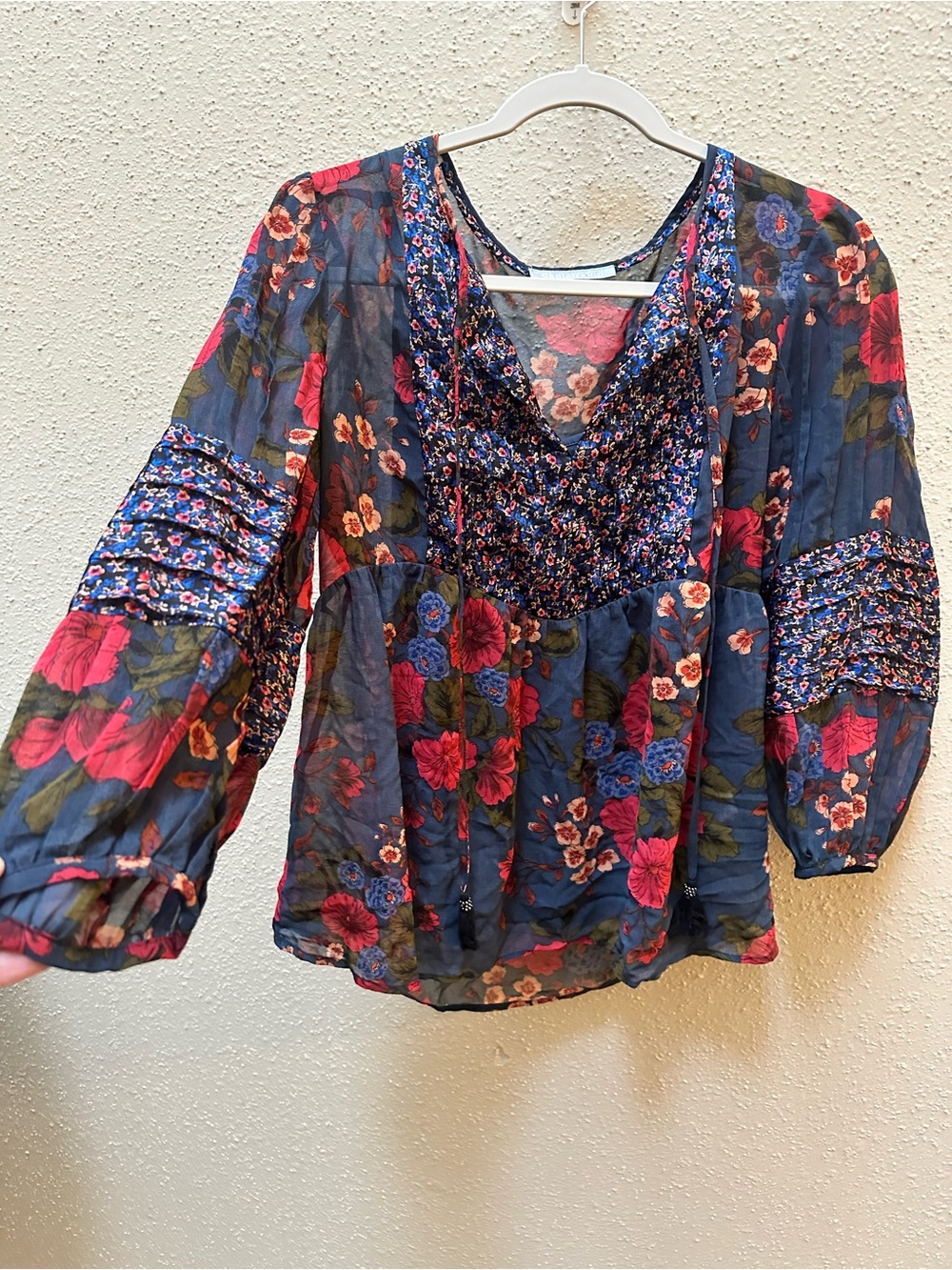 Peasant Blouse Floral Patchwork Long Balloon Sleeve Multicolor Semi-Sheer Boho M